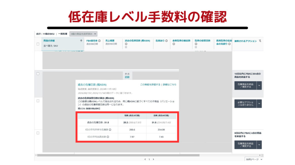 低在庫レベル手数料の確認